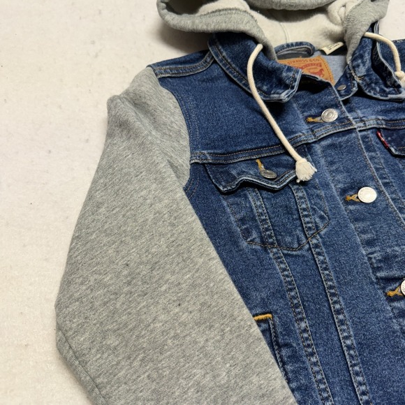 Levi Denim Trucker Jacket Hoodie Gray Sweatshirt Sleeves Women's Small Classic - Picture 6 of 16